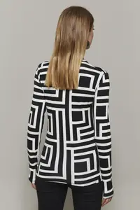 Cool & Sexy Women's Black-White Half Fisherman Patterned Blouse - Image 5