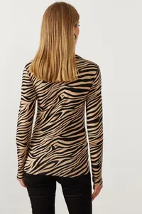 Cool & Sexy Women's Camel-Black Half Turtleneck Zebra Pattern Blouse - Image 3