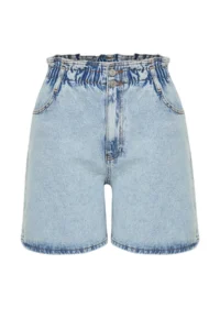 Trendyol Curve Light Blue Elastic High Waist Wide Cut 100% Cotton Plus Size Denim Shorts - Image 7