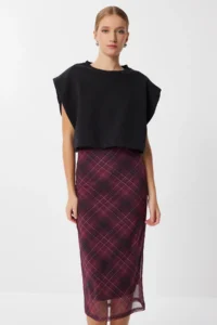 Lovelyİstanbul Checkered Tulle Weaving Skirt Burgundy Black - Image 2