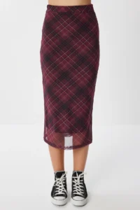 Lovelyİstanbul Checkered Tulle Weaving Skirt Burgundy Black - Image 3
