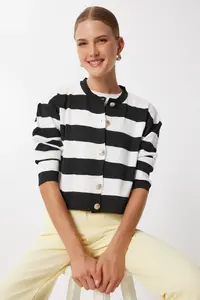 Lovelyİstanbul Stylish Buttoned Striped Knitwear Cardigan  BLACK WHITE