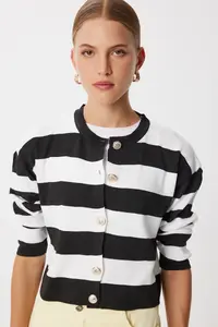 Lovelyİstanbul Stylish Buttoned Striped Knitwear Cardigan  BLACK WHITE - Image 2