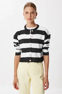 Lovelyİstanbul Stylish Buttoned Striped Knitwear Cardigan  BLACK WHITE - Image 3