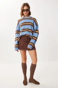 Lovelyİstanbul Studded Suede Mini Shorts Skirt  Brown - Image 3