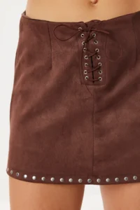 Lovelyİstanbul Studded Suede Mini Shorts Skirt  Brown - Image 4