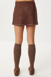 Lovelyİstanbul Studded Suede Mini Shorts Skirt  Brown - Image 5