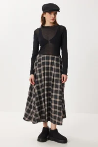 Lovelyİstanbul Checkered flared Weaving Skirt  Anthracite Mink - Image 2