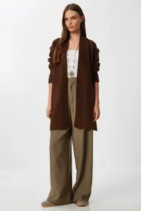Lovelyİstanbul with pocket LONG Knitwear Cardigan  Brown