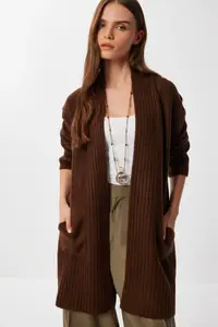 Lovelyİstanbul with pocket LONG Knitwear Cardigan  Brown - Image 2