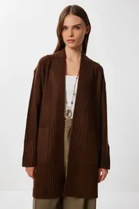 Lovelyİstanbul with pocket LONG Knitwear Cardigan  Brown - Image 3