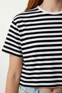 Lovelyİstanbul Oversize Striped Cotton Knitted T-shirt  BLACK WHITE - Image 3