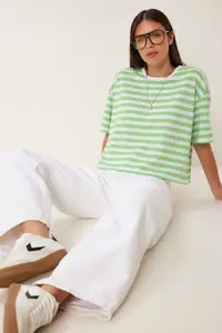 Lovelyİstanbul Oversize Striped Cotton Knitted T-shirt  GREEN WHITE