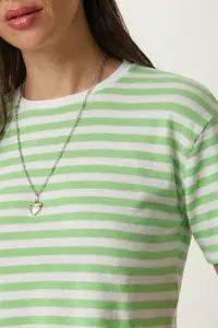 Lovelyİstanbul Oversize Striped Cotton Knitted T-shirt  GREEN WHITE - Image 2