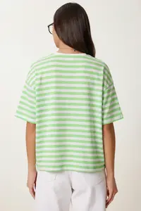 Lovelyİstanbul Oversize Striped Cotton Knitted T-shirt  GREEN WHITE - Image 3