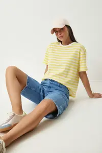 Lovelyİstanbul Oversize Striped Cotton Knitted T-shirt  YELLOW WHITE