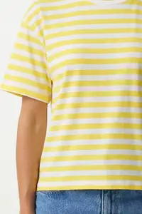 Lovelyİstanbul Oversize Striped Cotton Knitted T-shirt  YELLOW WHITE - Image 3