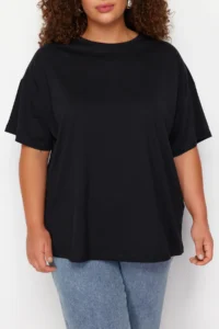 Trendyol Curve Black Crew Neck Back Printed 100% Cotton Knitting T-Shirt - Image 4