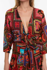 TRENDYOLMiLLA beachwear 100% Cotton Tile Patterned Weaving Binding Detailed Shirt Shorts Set - Image 3