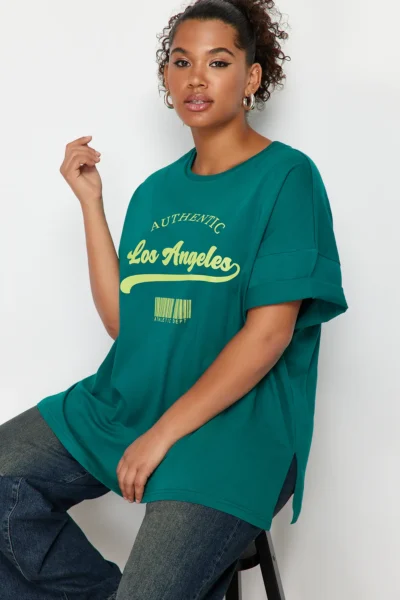 Trendyol Curve Green Wide Pattern Crew Neck Printed 100% Cotton Knitting T-Shirt