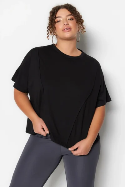 Trendyol Curve Black Crew Neck Stitching Detailed 100% Cotton Knitting Crop T-Shirt