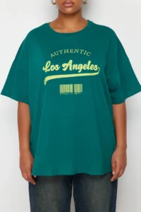 Trendyol Curve Green Wide Pattern Crew Neck Printed 100% Cotton Knitting T-Shirt - Image 2