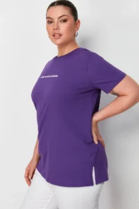 Trendyol Curve Purple relaxed Fit Slogan Printed Crew Neck 100% Cotton Knitting Plus Size T-Shirt - Image 2