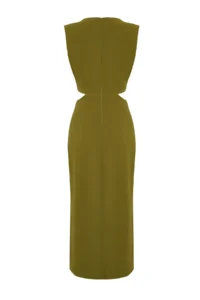 TRENDYOLMİLLA Oil Green A Cut Waist Low-cut and Accessory Detailed Maxi Weaving Crepe Dress - Image 4
