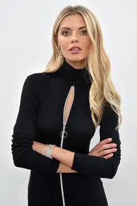 Cool & Sexy Women Black Front Zippered Fisherman Blouse m1908