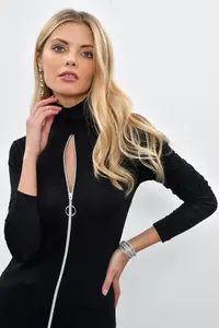 Cool & Sexy Women Black Front Zippered Fisherman Blouse m1908 - Image 2