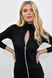 Cool & Sexy Women Black Front Zippered Fisherman Blouse m1908 - Image 3
