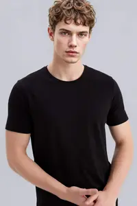 DeFacto Slim Fit Narrow Cut Crew Neck Modal Blended Cotton Basic Plain Black Short Sleeve T-Shirt - Image 3