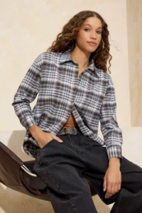 TRENDYOLMİLLA Brown-Multicolored Plaid Stone Printed Wide Pattern Shirt