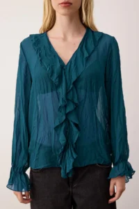 TRENDYOLMİLLA Petrol Blue Blue Blue Wrinkled Siphon Transparent Shirt - Image 3