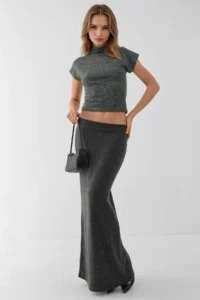 Hiccup Elastic Waist Soft textured slit Skirt - Image 2