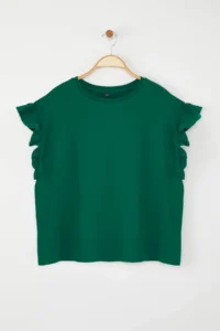 Trendyol Curve Emerald Green Crew Neck Sleeves Frilly 100% Cotton Knitting T-Shirt - Image 5