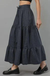 Hiccup Elastic Waist Square Patterned Lace Tiered Maxi Skirt