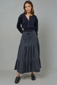Hiccup Elastic Waist Square Patterned Lace Tiered Maxi Skirt - Image 2