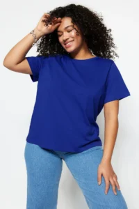 Trendyol Curve Saks Blue Regular Fit Basic Crew Neck 100% Cotton Knitting Plus Size T-Shirt - Image 2