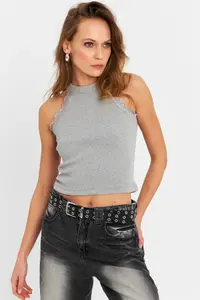 Cool & Sexy Women Gray Barbell Collar Lace Blouse - Image 2