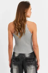 Cool & Sexy Women Gray Barbell Collar Lace Blouse - Image 3