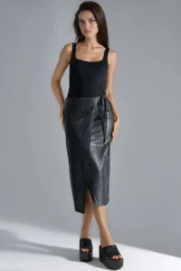Hiccup BUSEM Bow Detailed Faux Leather Midi Skirt