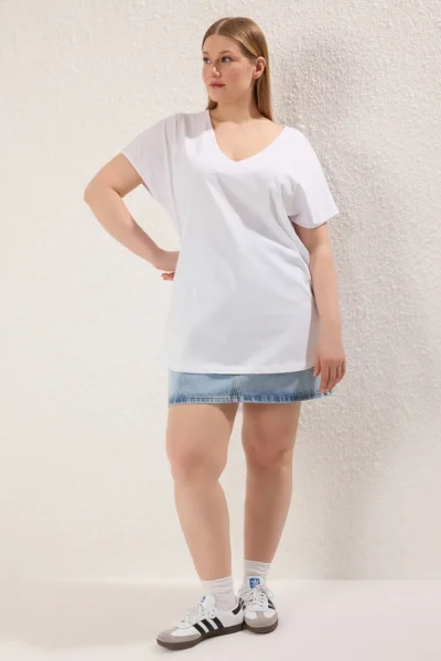 Trendyol Curve White V-neck LONG Size Plus Size T-Shirt
