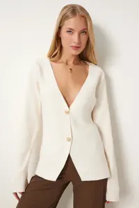 Happiness İstanbul Women Ecru V-neck Chic buttoned Knitwear Cardigan - Image 2