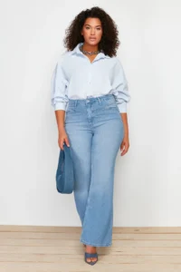 Trendyol Curve Light Blue High Waist comfort Stitching Detailed flared leg Flare Fit jeans