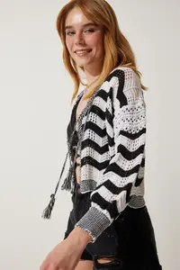 Happiness İstanbul Women's Cream Black Striped Openwork Seasonal Knitwear Cardigan - Image 2