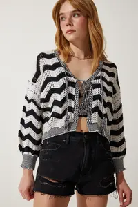 Happiness İstanbul Women's Cream Black Striped Openwork Seasonal Knitwear Cardigan - Image 3
