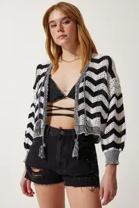 Happiness İstanbul Women's Cream Black Striped Openwork Seasonal Knitwear Cardigan - Image 4