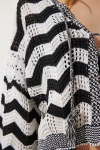 Happiness İstanbul Women's Cream Black Striped Openwork Seasonal Knitwear Cardigan - Image 5