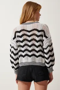 Happiness İstanbul Women's Cream Black Striped Openwork Seasonal Knitwear Cardigan - Image 6
